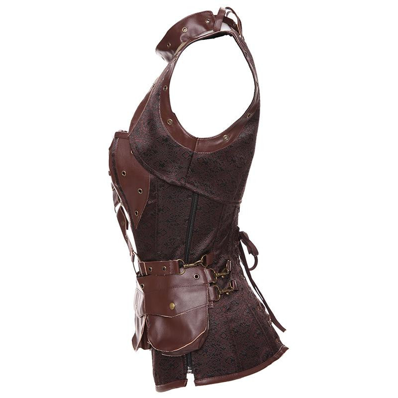 Vintage Gothic Retro Brocade Steel Boned Overbust Corset with Jacket & Brown Belt - Sins & Temptations