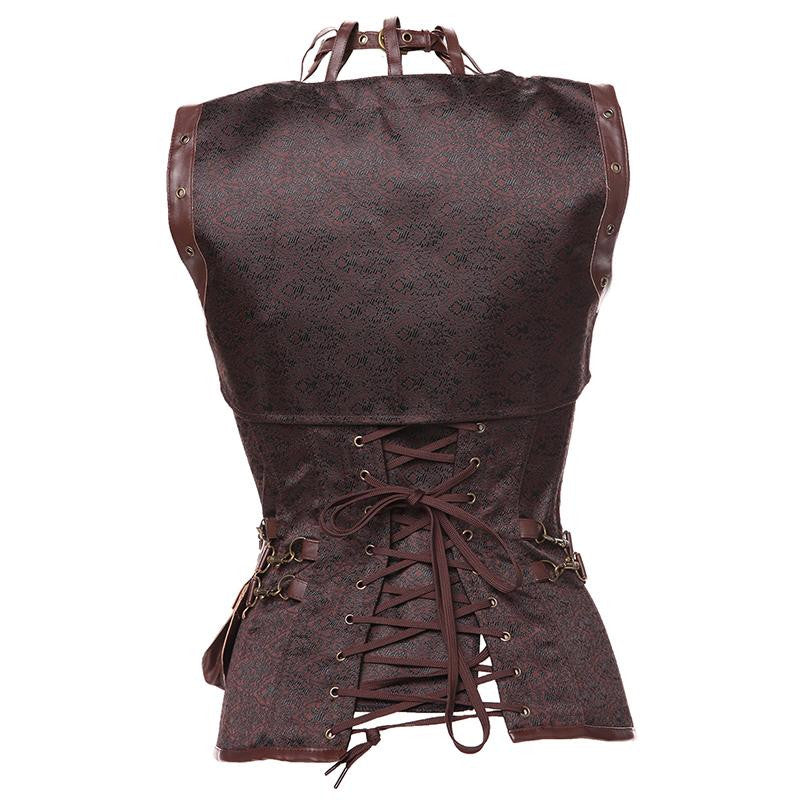 Vintage Gothic Retro Brocade Steel Boned Overbust Corset with Jacket & Brown Belt - Sins & Temptations