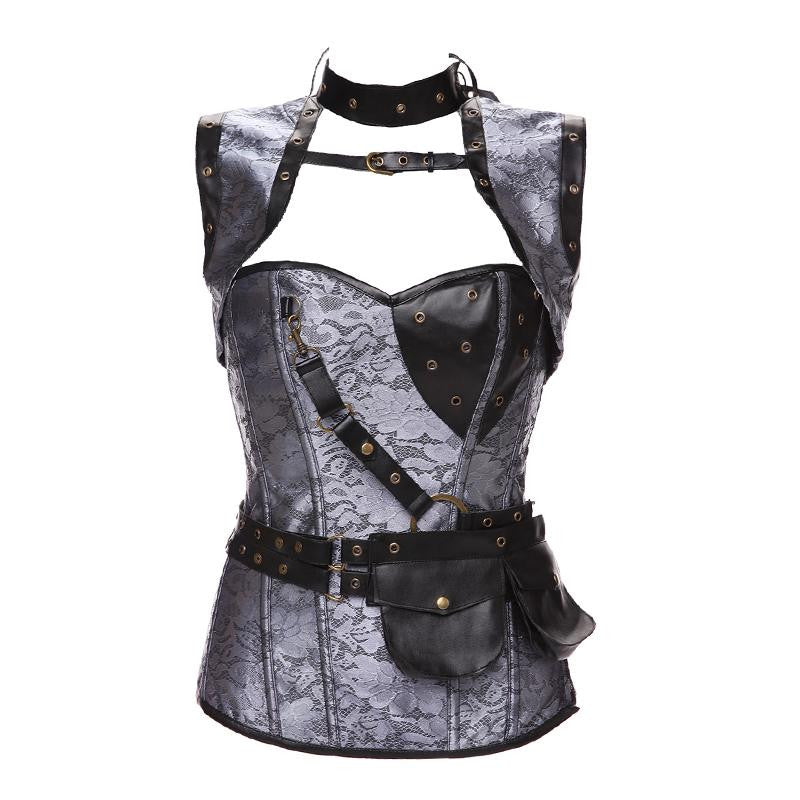 Vintage Gothic Retro Brocade Steel Boned Overbust Corset with Jacket & Brown Belt - Sins & Temptations