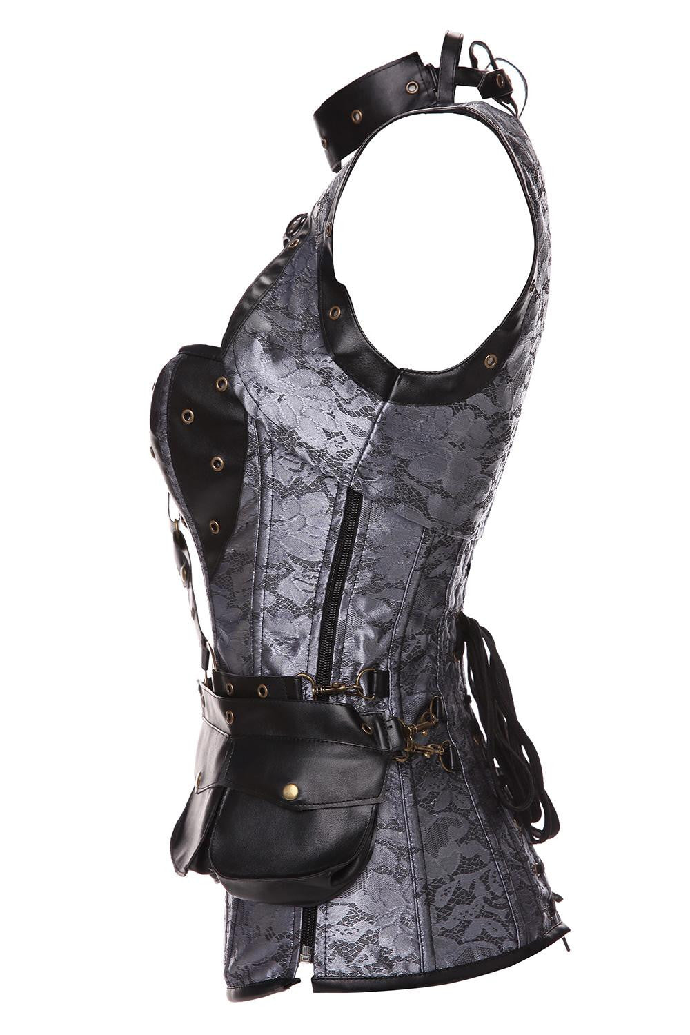 Vintage Gothic Retro Brocade Steel Boned Overbust Corset with Jacket & Brown Belt - Sins & Temptations