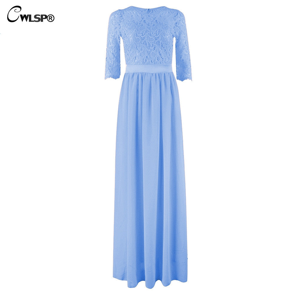 Elegant Lace Long Maxi Dress Hollow Out Chiffon Half sleeve Evening Wedding Party Dress - Sins & Temptations
