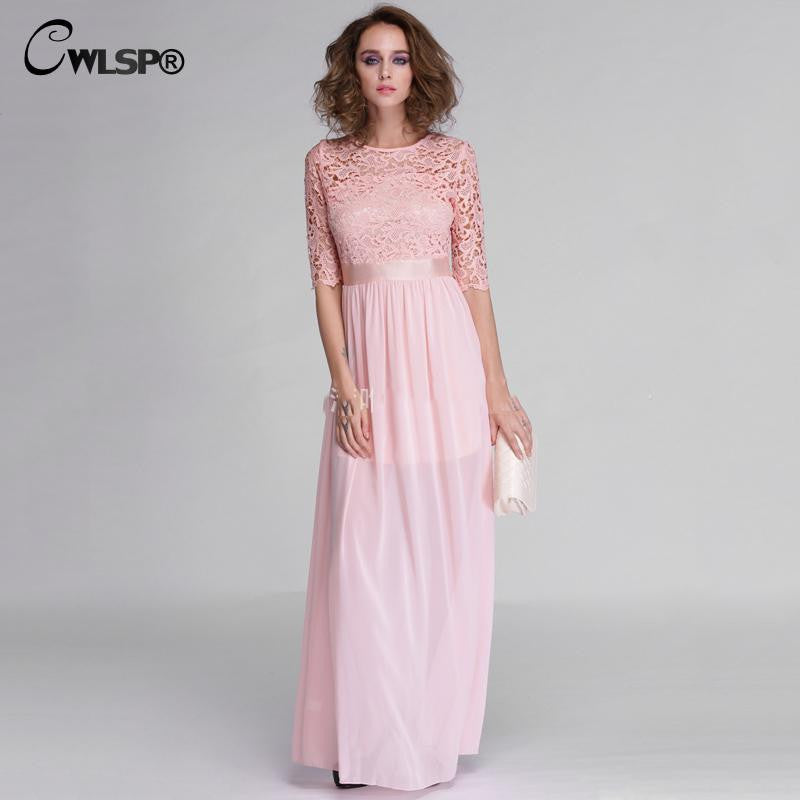 Elegant Lace Long Maxi Dress Hollow Out Chiffon Half sleeve Evening Wedding Party Dress - Sins & Temptations