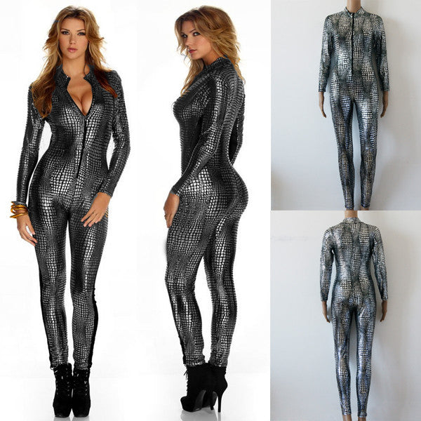 Sexy Vinyl Sliver Snake Catsuit Grey Shiny - Sins & Temptations