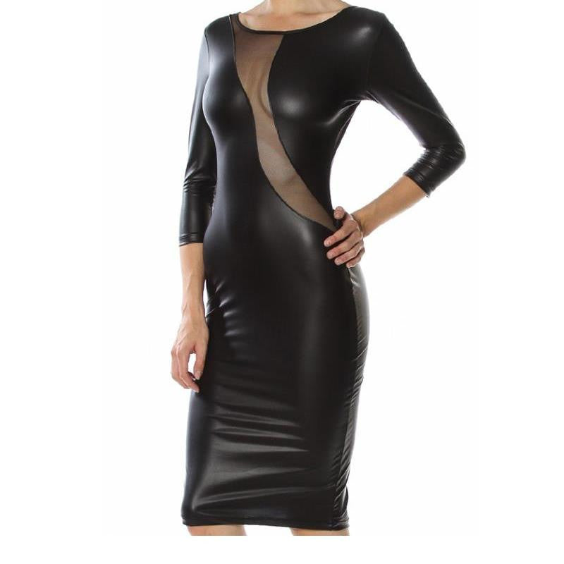 Mesh Long Sleeve Club Fascinating and Charming Black Faux Leather Dress - Sins & Temptations