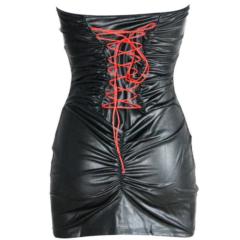 Short Vinyl Strapless Fashion DressWith Corset Back - Sins & Temptations
