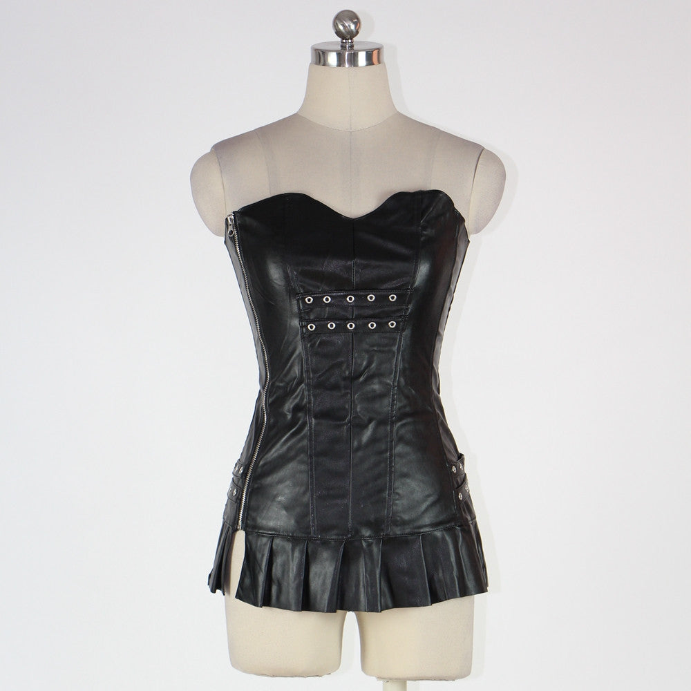 Sexy Vinyl Corset Faux Leather Gold Detailed Corset Mini Dress - Sins & Temptations