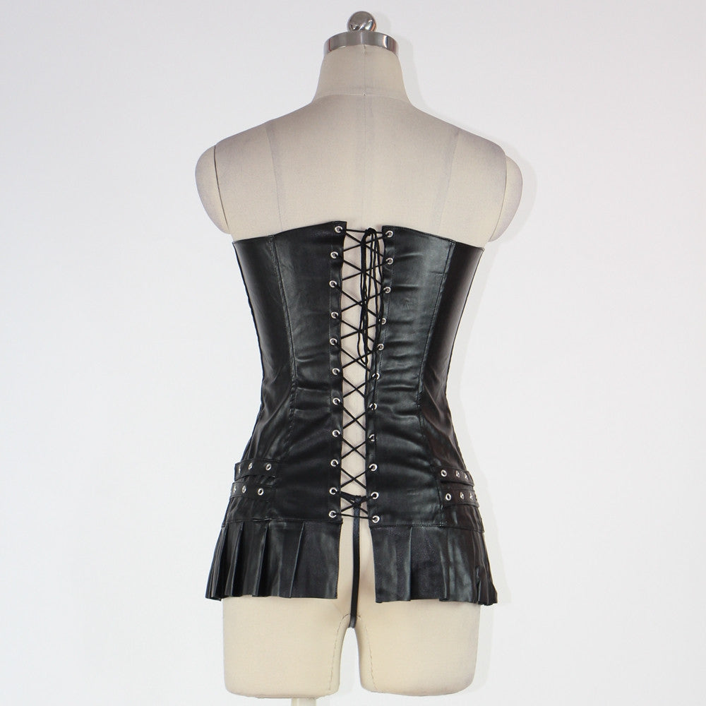 Sexy Vinyl Corset Faux Leather Gold Detailed Corset Mini Dress - Sins & Temptations
