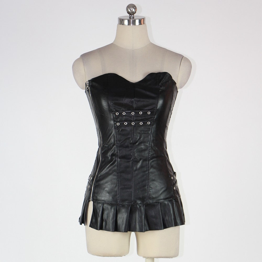 Sexy Vinyl Corset Faux Leather Gold Detailed Corset Mini Dress - Sins & Temptations