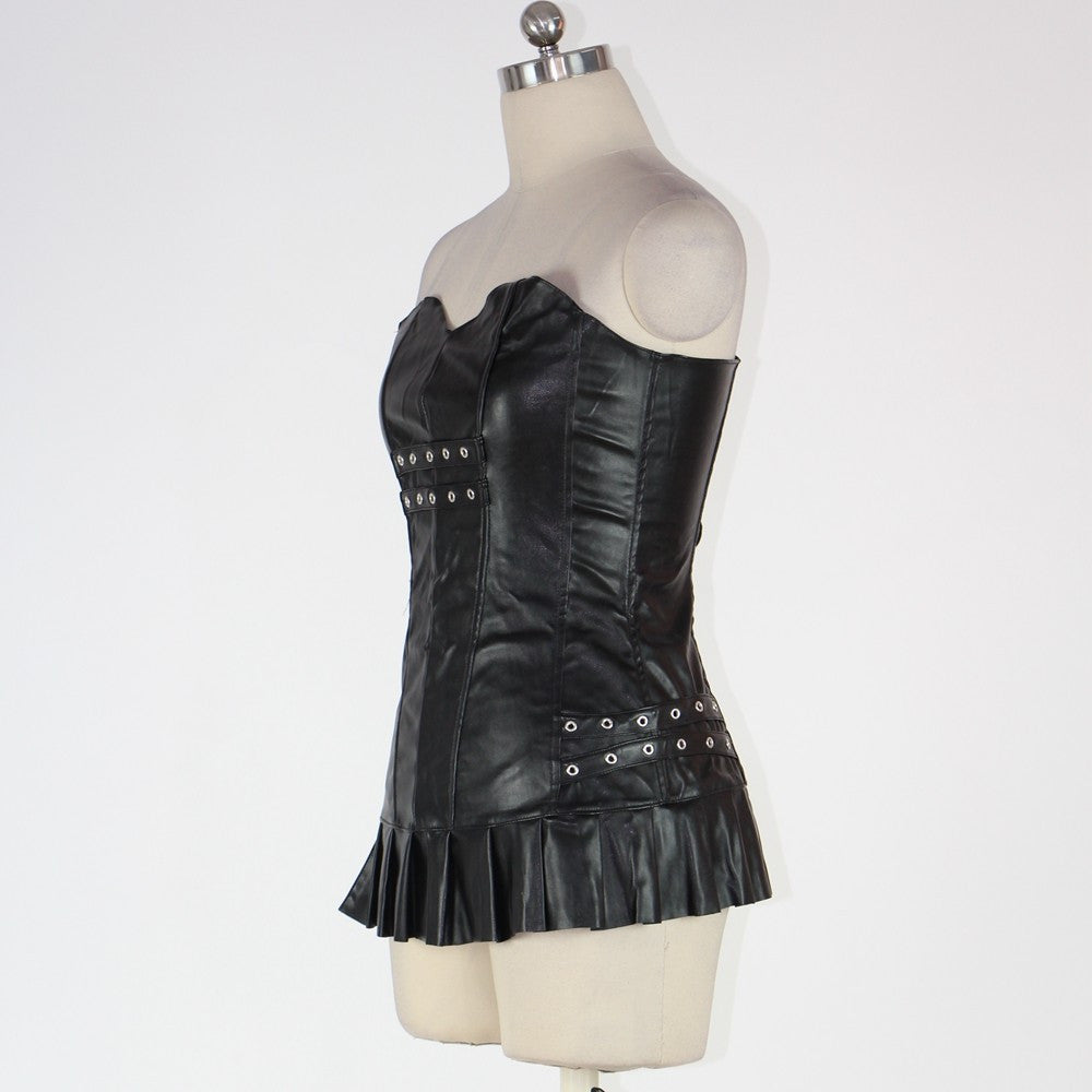 Sexy Vinyl Corset Faux Leather Gold Detailed Corset Mini Dress - Sins & Temptations