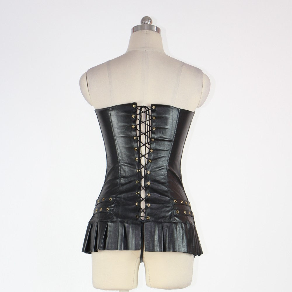 Sexy Vinyl Corset Faux Leather Gold Detailed Corset Mini Dress - Sins & Temptations