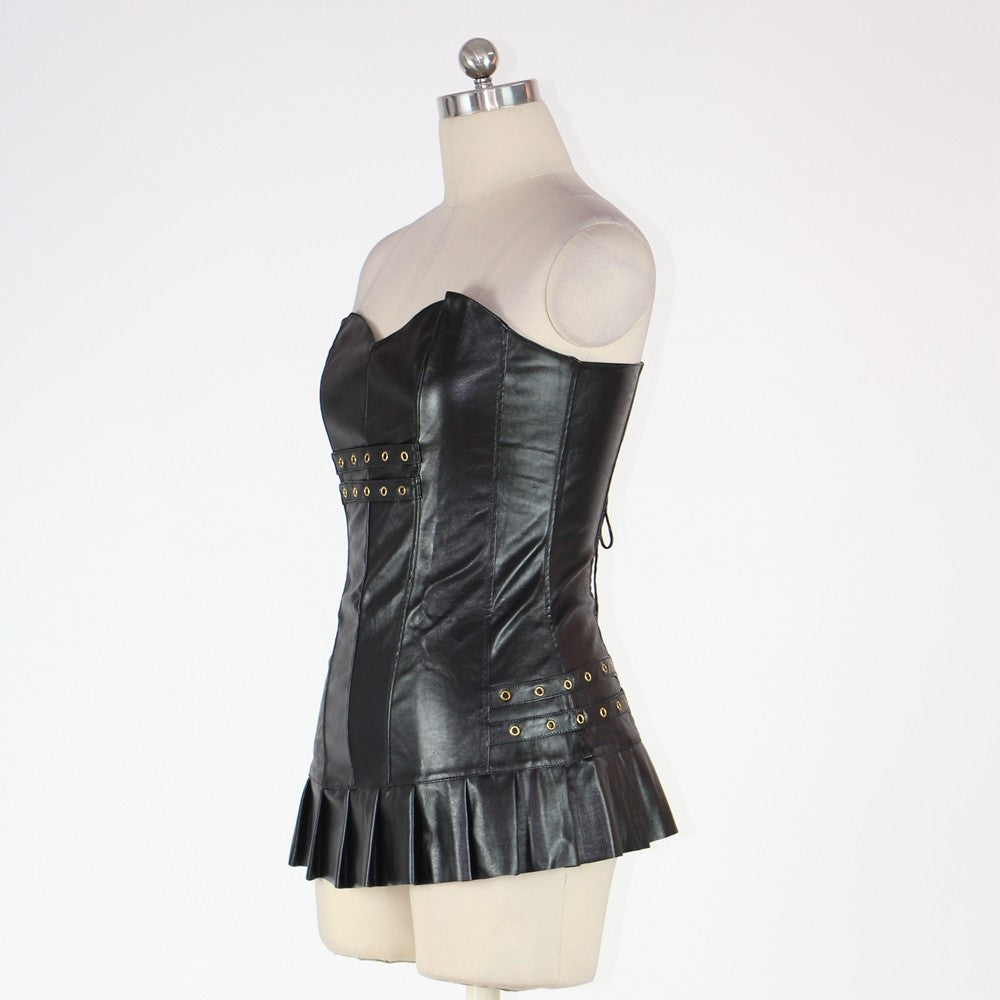 Sexy Vinyl Corset Faux Leather Gold Detailed Corset Mini Dress - Sins & Temptations