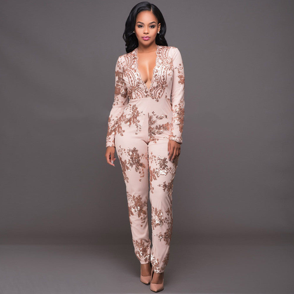 New Women Pink Sequined Long Sleeve Deep V Jumpsuit Dress - Sins & Temptations