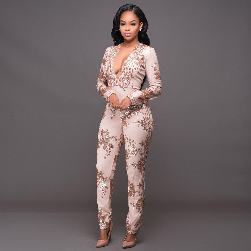 New Women Pink Sequined Long Sleeve Deep V Jumpsuit Dress - Sins & Temptations