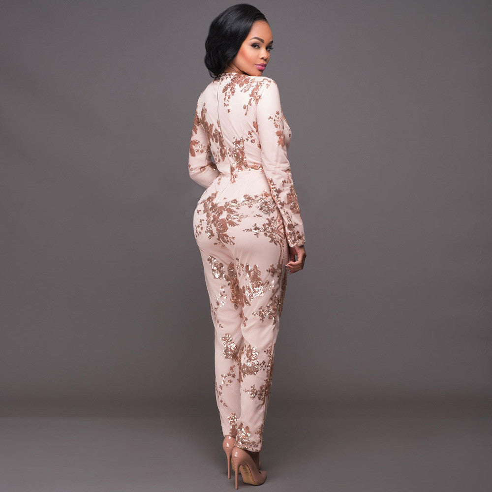 New Women Pink Sequined Long Sleeve Deep V Jumpsuit Dress - Sins & Temptations