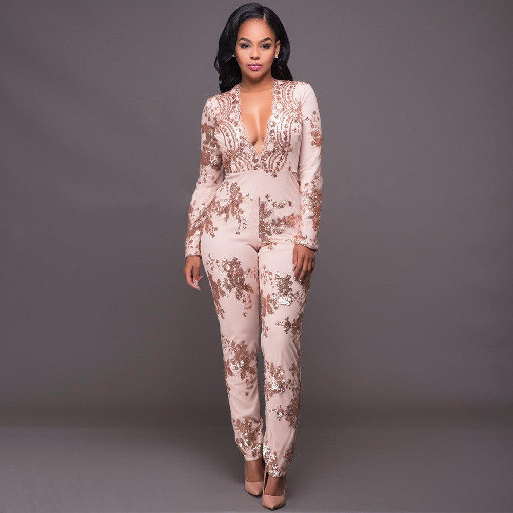 New Women Pink Sequined Long Sleeve Deep V Jumpsuit Dress - Sins & Temptations