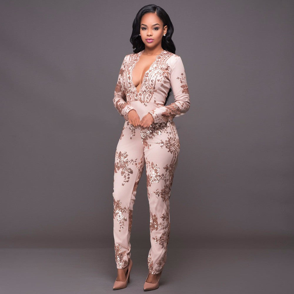 New Women Pink Sequined Long Sleeve Deep V Jumpsuit Dress - Sins & Temptations