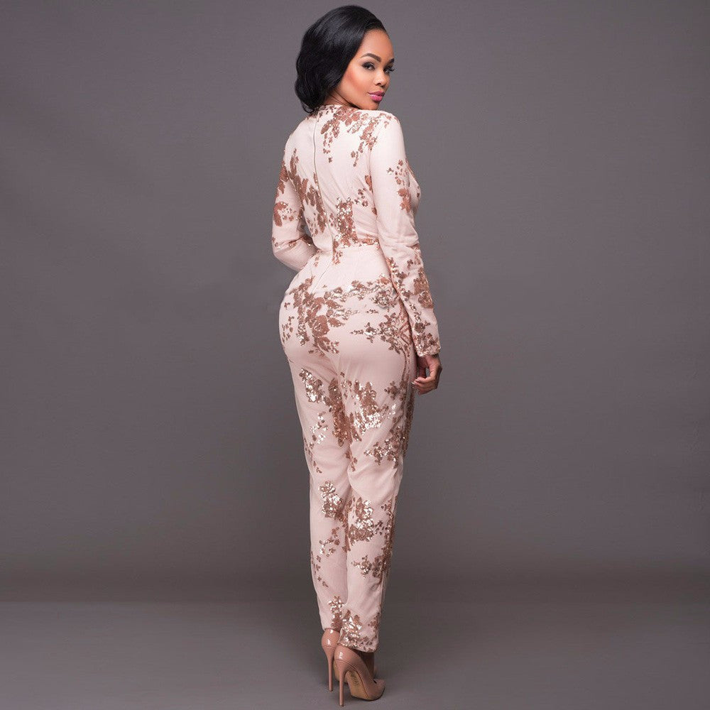 New Women Pink Sequined Long Sleeve Deep V Jumpsuit Dress - Sins & Temptations