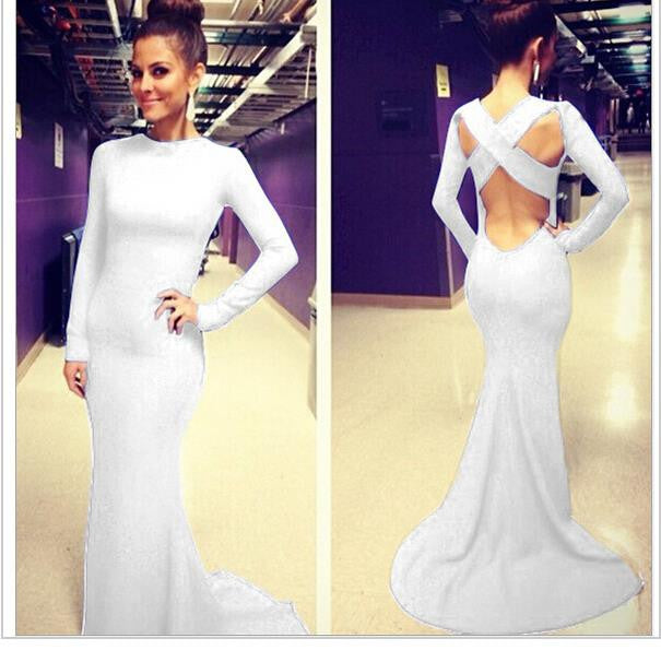 Hot Trumpet Cascading Ruffle Long Floor Length Solid Club Summer Backless Dress - Sins & Temptations