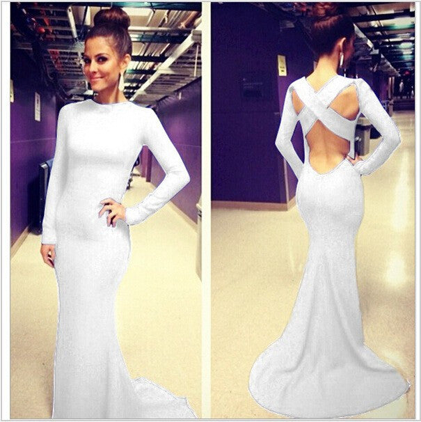 Hot Trumpet Cascading Ruffle Long Floor Length Solid Club Summer Backless Dress - Sins & Temptations