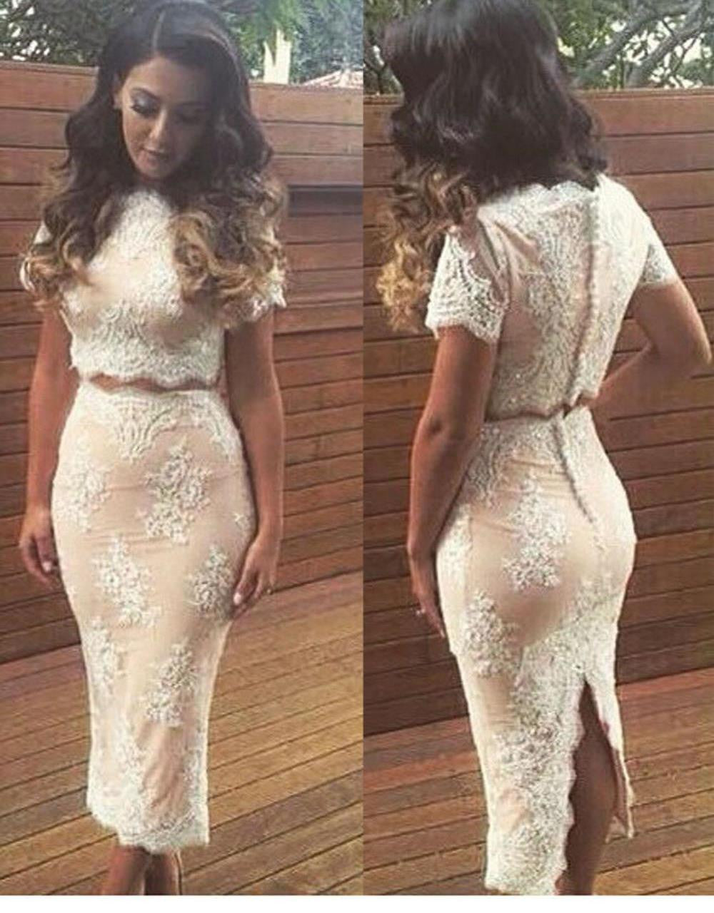 Women Two Piece Outfits White Nude Scalloped Lace Dress Bodycon Midi Casual Dress - Sins & Temptations
