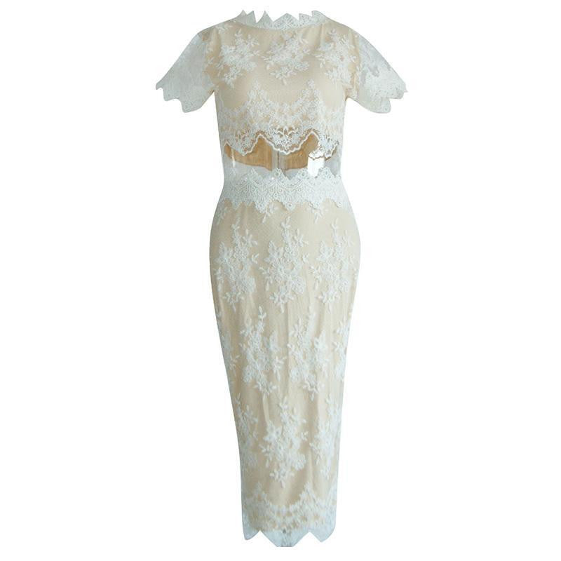 Women Two Piece Outfits White Nude Scalloped Lace Dress Bodycon Midi Casual Dress - Sins & Temptations