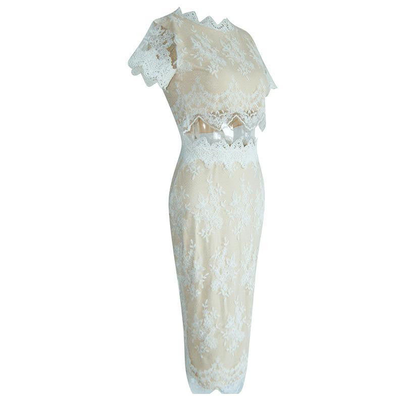 Women Two Piece Outfits White Nude Scalloped Lace Dress Bodycon Midi Casual Dress - Sins & Temptations