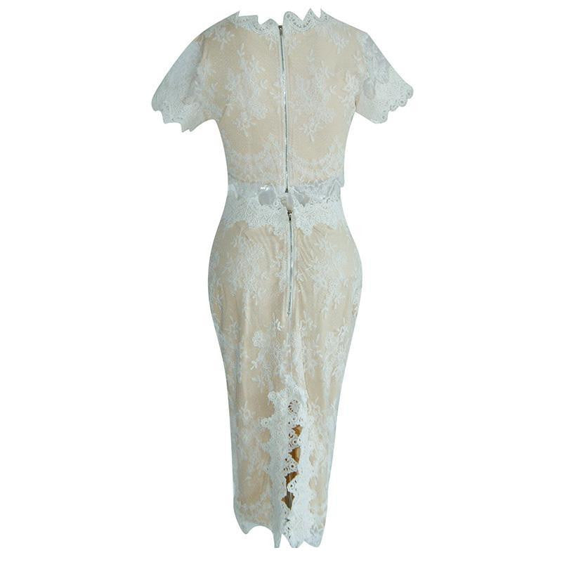 Women Two Piece Outfits White Nude Scalloped Lace Dress Bodycon Midi Casual Dress - Sins & Temptations