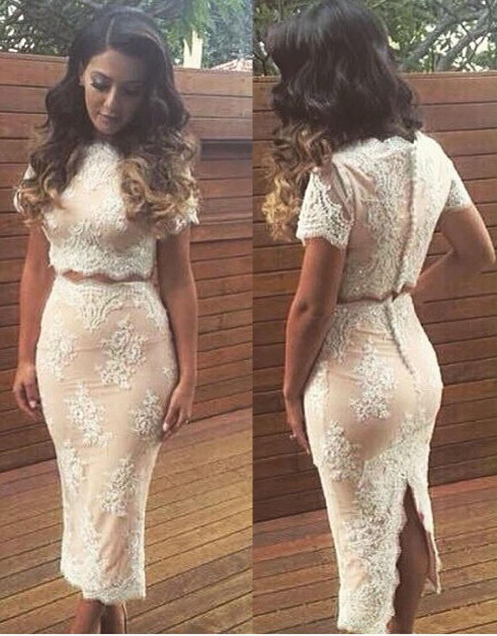 Women Two Piece Outfits White Nude Scalloped Lace Dress Bodycon Midi Casual Dress - Sins & Temptations