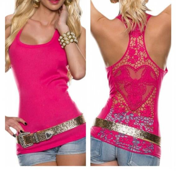 Back Cut Out Lace Solid Color Racerback Tank Top - Sins & Temptations