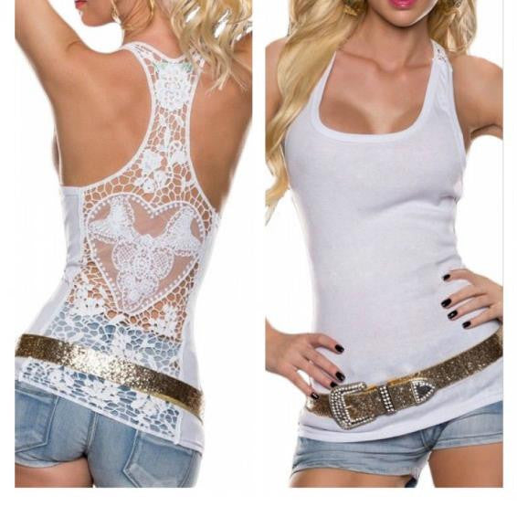 Back Cut Out Lace Solid Color Racerback Tank Top - Sins & Temptations