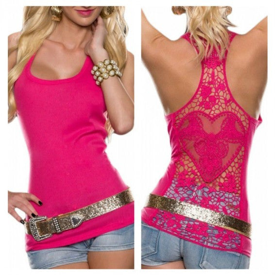 Back Cut Out Lace Solid Color Racerback Tank Top - Sins & Temptations