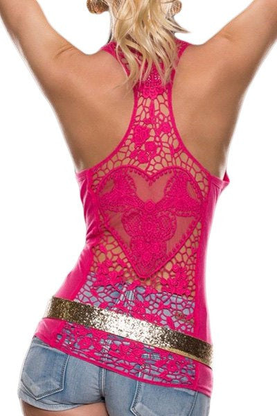 Back Cut Out Lace Solid Color Racerback Tank Top - Sins & Temptations