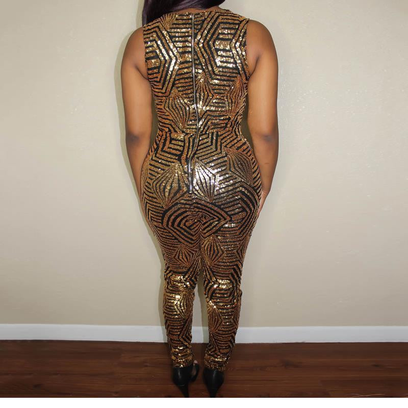 Sexy Gold Sequin Jumpsuit Geometric Romper Clubwear - Sins & Temptations