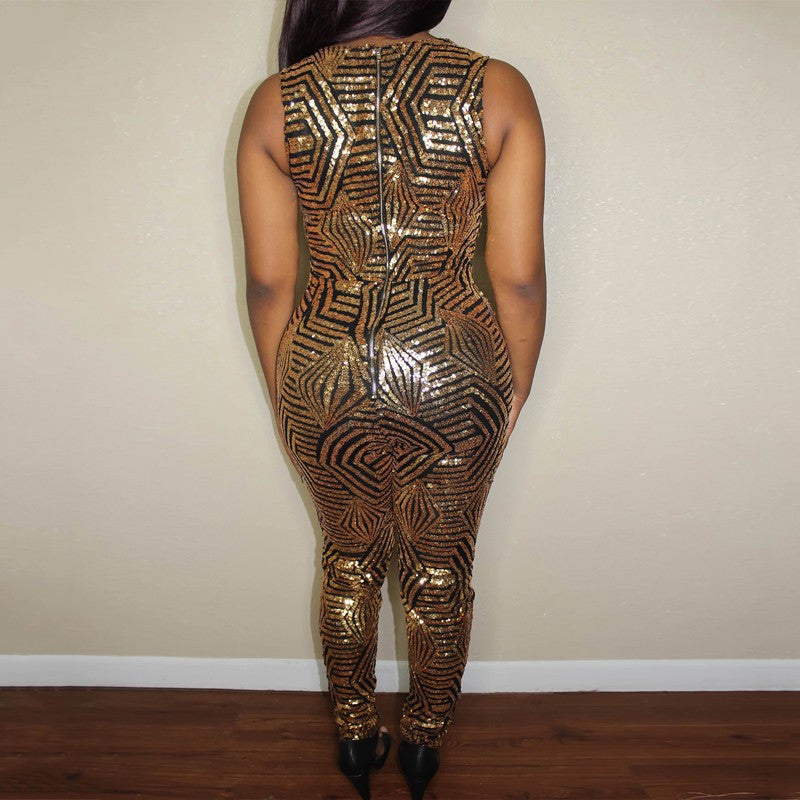 Sexy Gold Sequin Jumpsuit Geometric Romper Clubwear - Sins & Temptations