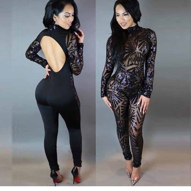 Womens Backless Geometric Sequin Jumpsuit Night Clubwear Romper - Sins & Temptations