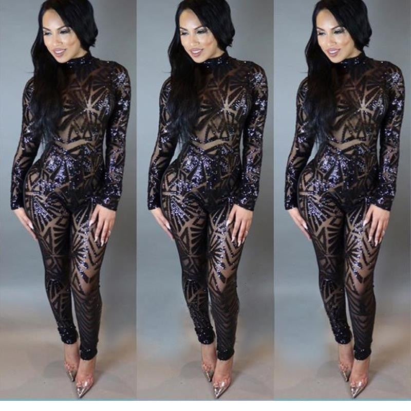 Womens Backless Geometric Sequin Jumpsuit Night Clubwear Romper - Sins & Temptations