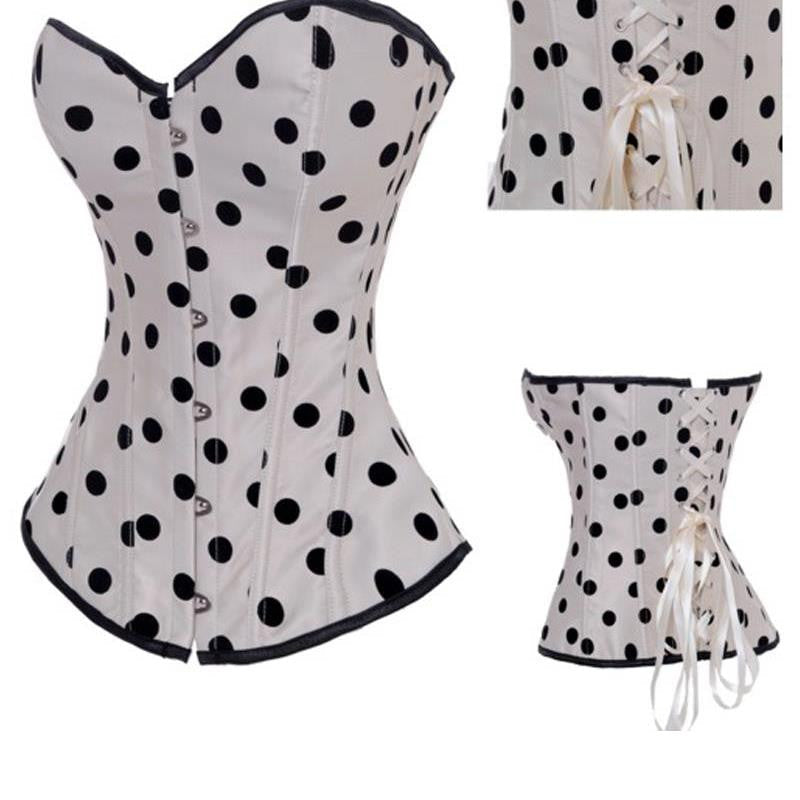 Lace Up Back Button Front Closure White Satin Black Polka Dot Corset - Sins & Temptations