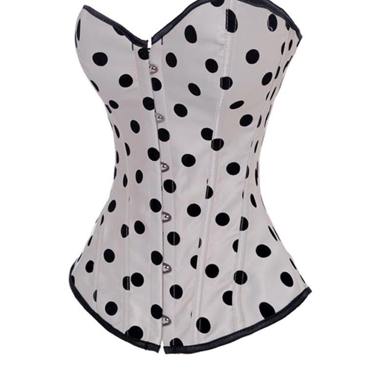 Lace Up Back Button Front Closure White Satin Black Polka Dot Corset - Sins & Temptations