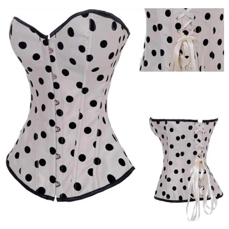 Lace Up Back Button Front Closure White Satin Black Polka Dot Corset - Sins & Temptations