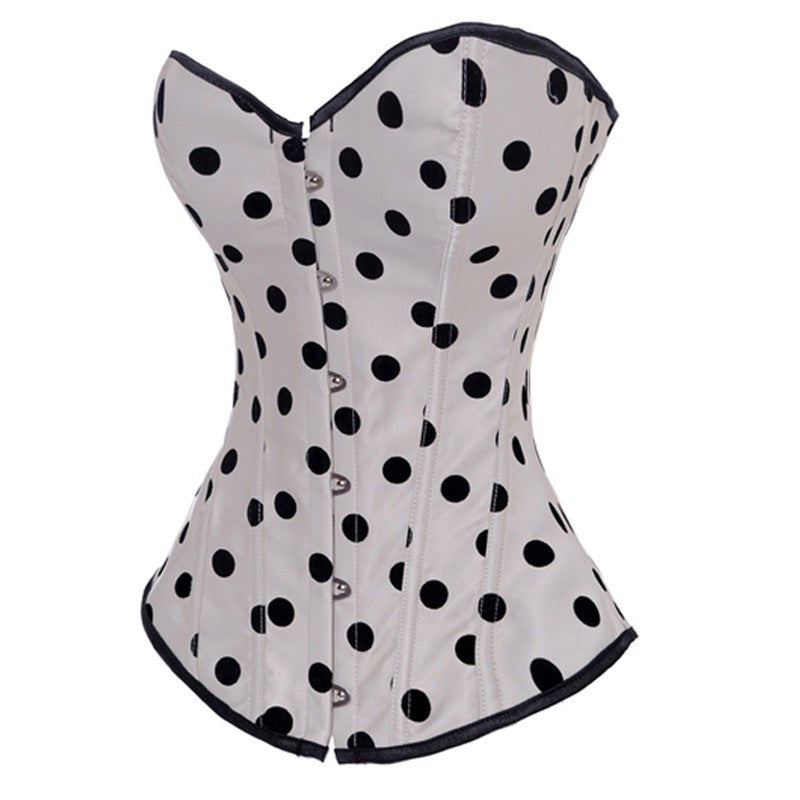 Lace Up Back Button Front Closure White Satin Black Polka Dot Corset - Sins & Temptations