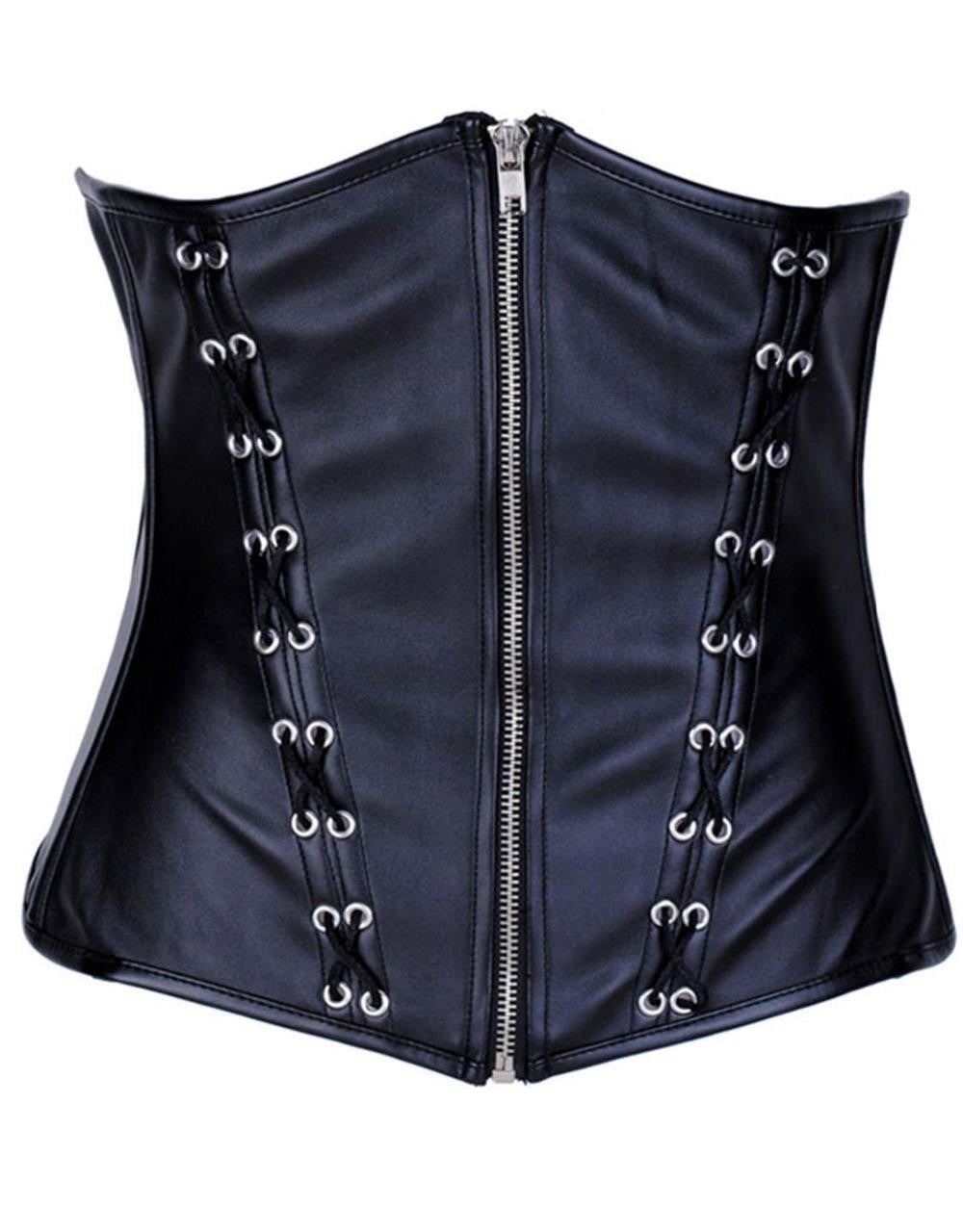 Sexy Black Women Under bust Punk Zipper Faux Leather Waist Corset - Sins & Temptations