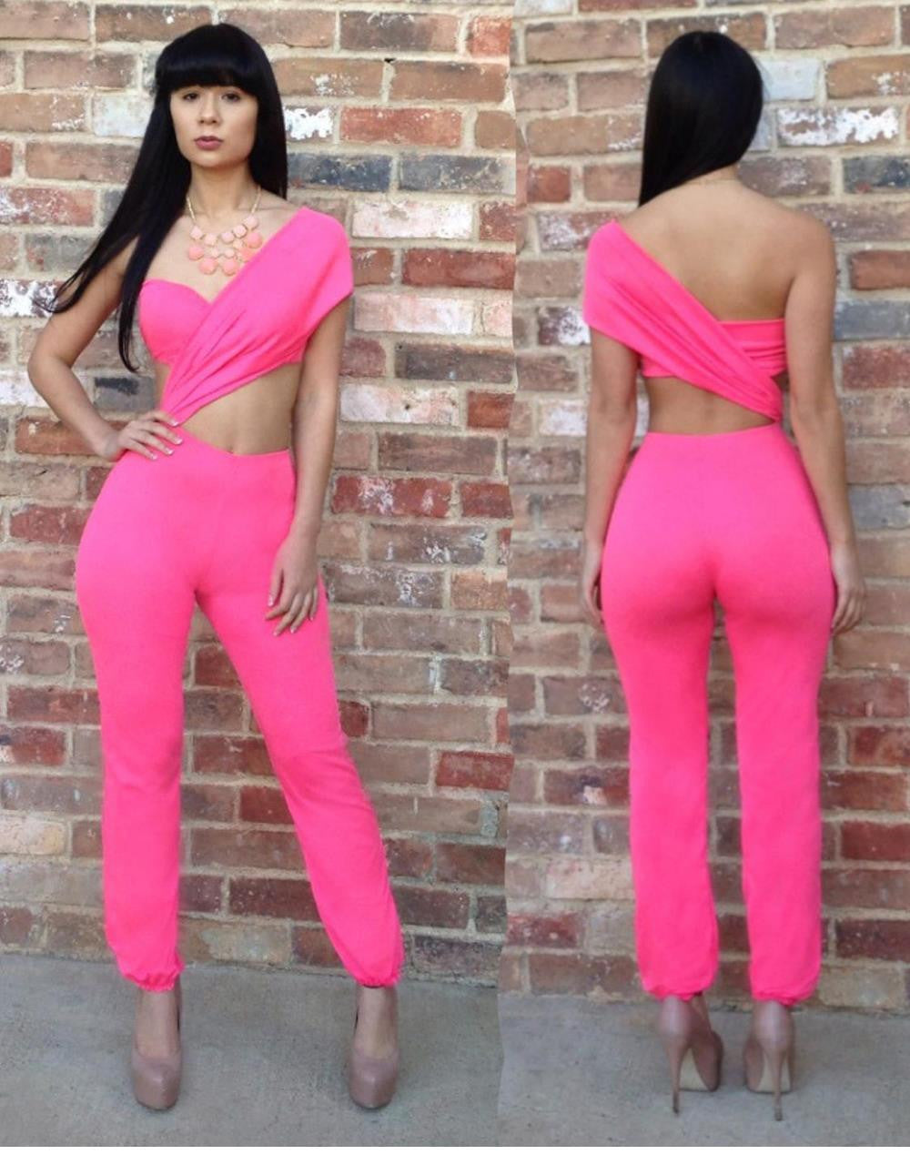 Women Jumpsuits Clubwear Bright Pink One-shoulder Long Romper - Sins & Temptations