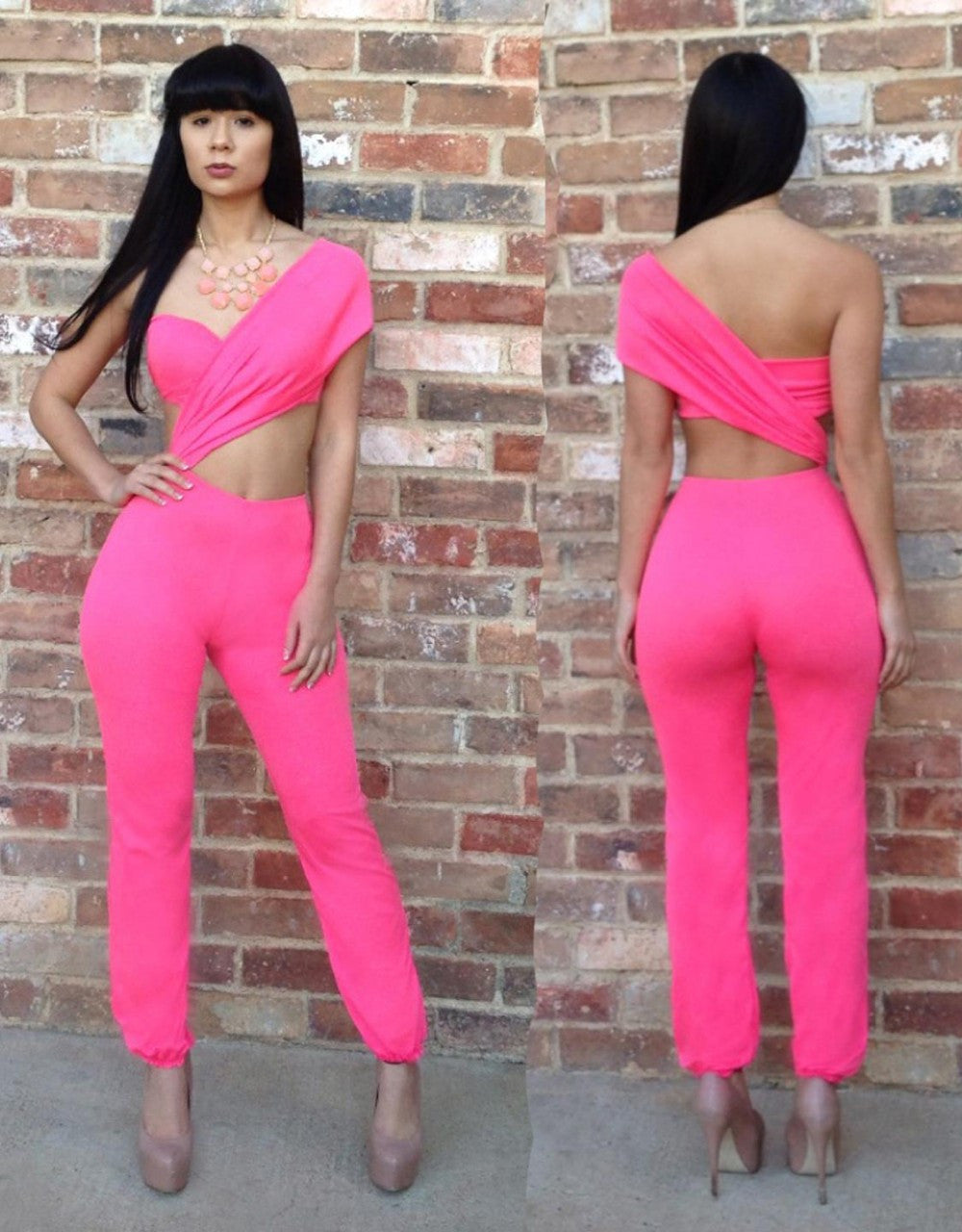 Women Jumpsuits Clubwear Bright Pink One-shoulder Long Romper - Sins & Temptations