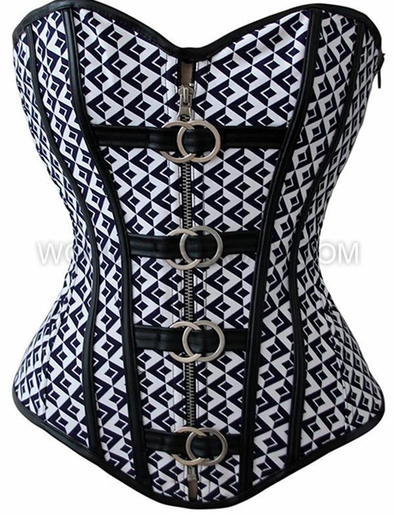 Punk Plaid Over Bust Shape Lingerie Vinyl Leather Front Zipper Corset - Sins & Temptations