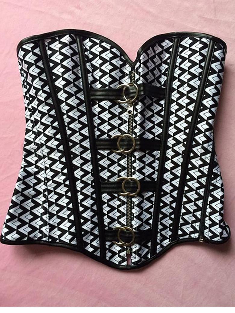 Punk Plaid Over Bust Shape Lingerie Vinyl Leather Front Zipper Corset - Sins & Temptations