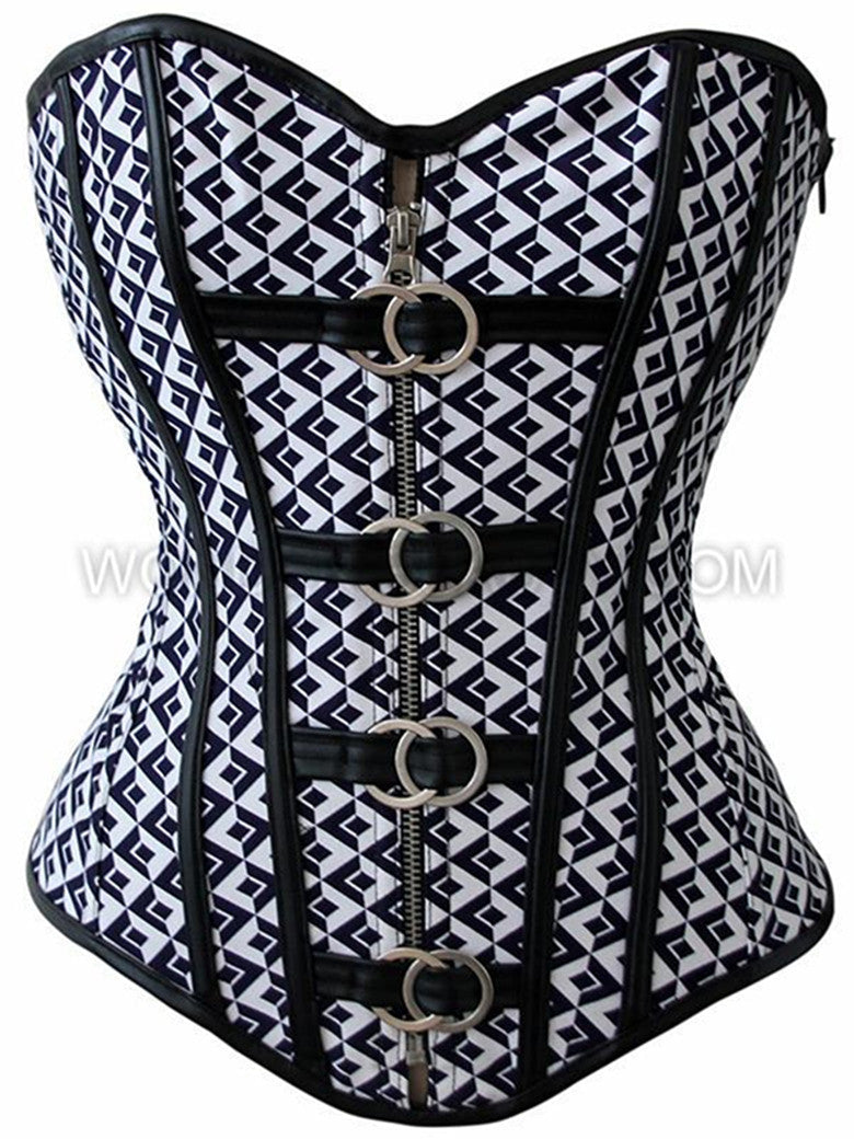Punk Plaid Over Bust Shape Lingerie Vinyl Leather Front Zipper Corset - Sins & Temptations