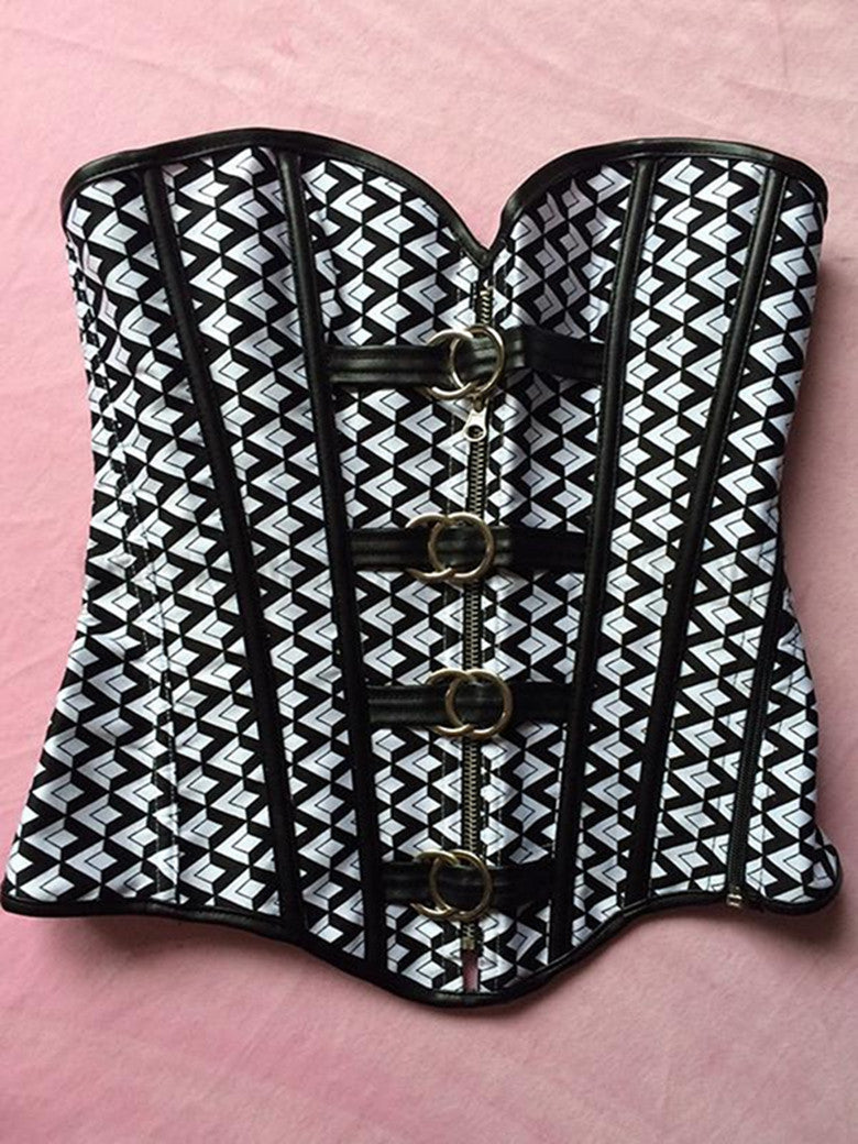 Punk Plaid Over Bust Shape Lingerie Vinyl Leather Front Zipper Corset - Sins & Temptations