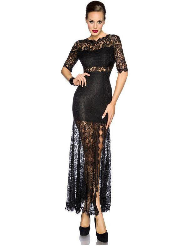 Elegant Women Maxi Dress Half Sleeve Back Deep-V Long Black Lace Dress - Sins & Temptations