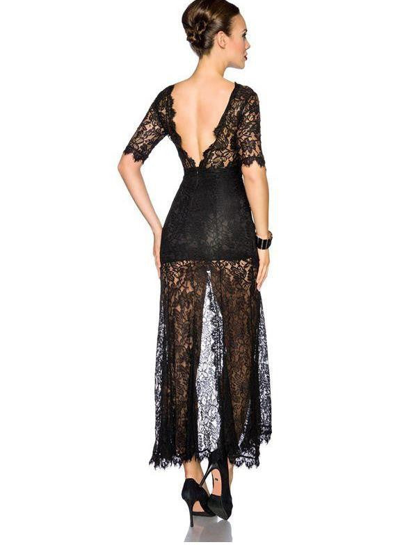 Elegant Women Maxi Dress Half Sleeve Back Deep-V Long Black Lace Dress - Sins & Temptations