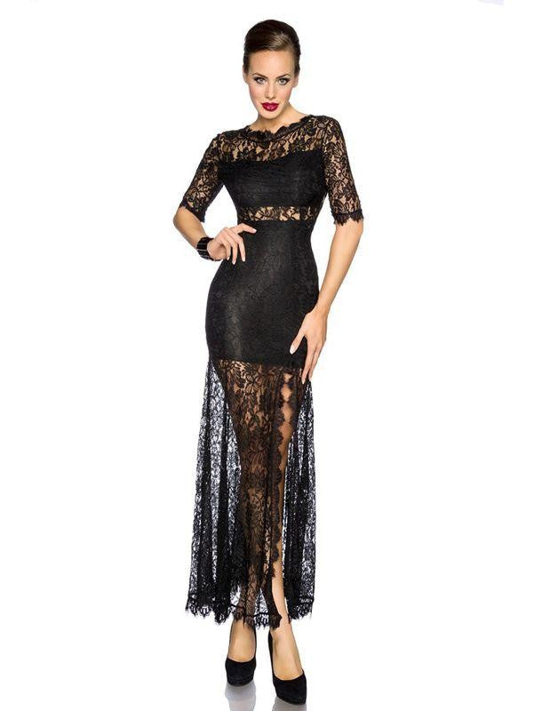 Elegant Women Maxi Dress Half Sleeve Back Deep-V Long Black Lace Dress - Sins & Temptations